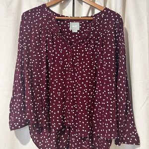 Maeve Maroon and White Polka Dot Top Anthropology Size S.